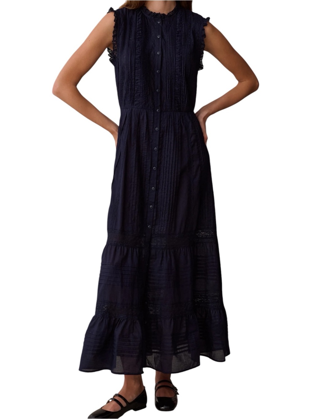 Sorella Few Moda Primrose Cotton Dress Navy Blue Lace Trim NWT